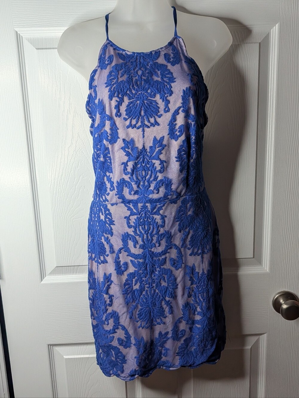Angel Biba Blue Embroidered Lace Nude Mini Dress Size 12 Open Back Y2K